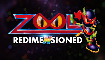 The key art for Zool Redimensioned, featuring the name of the game and the titular character, Zool, leaning against it